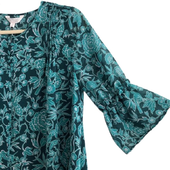 LC LAUREN CONRAD Top Blouse Pintuck Shark-Bite Patterned Teal Floral Size M L - Picture 8 of 14